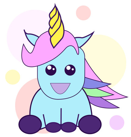 Cute unicorn in blue color sitting with pink hair, vector illustrationのイラスト素材