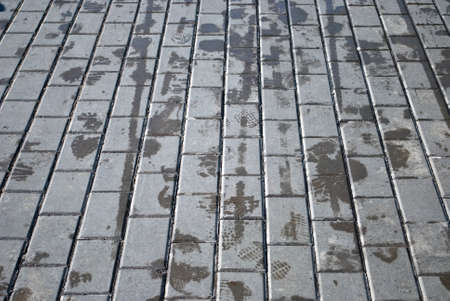 block pavement with wet tracks