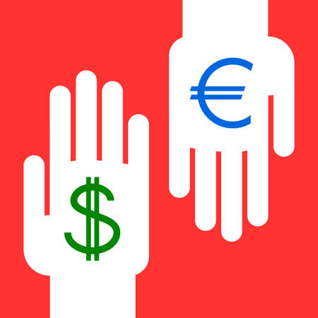 two hands exchanging foreign currency : dollar for euroのイラスト素材