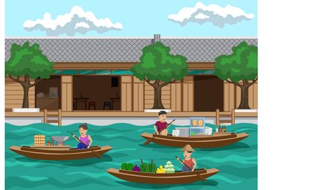 Floating market in thailand It's a riverside community market There are sales of such as fruit , noodles and pad thai.のイラスト素材