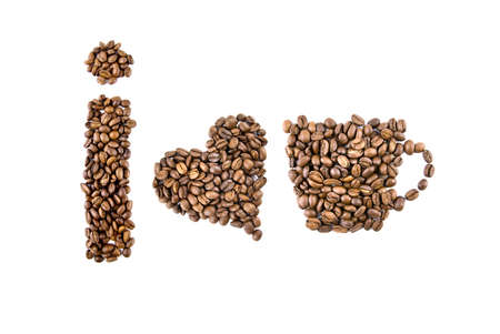 i love coffee symbols from coffee beans isolated on whiteの写真素材