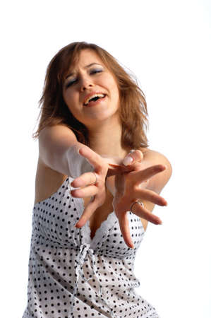 Girl ask for help, isolated on whiteの写真素材
