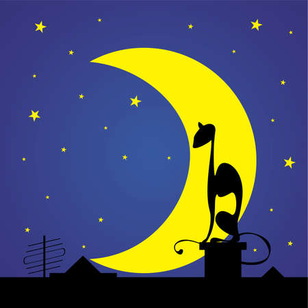 black cats silhouette on the roof against moon and starsのイラスト素材
