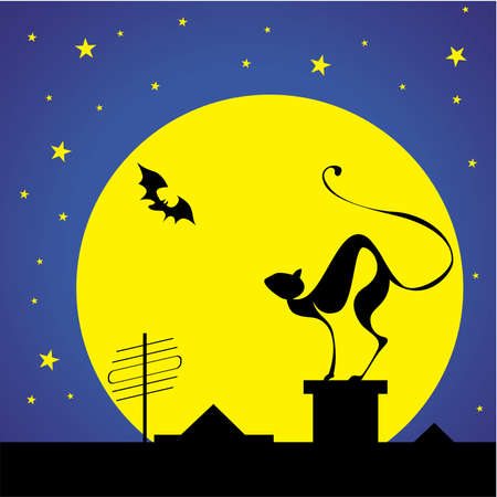 silhouettes of the black cat on the roof and bat against moon and starsのイラスト素材