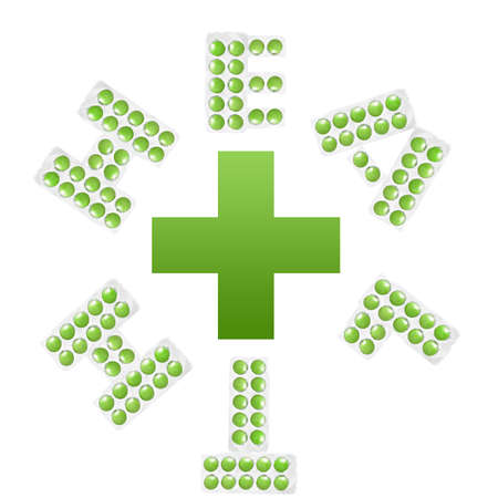 health and cross. letters from packs of tablet isolated on whiteの写真素材
