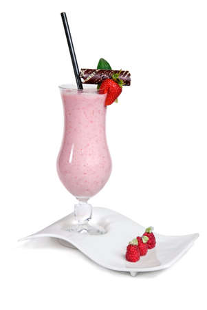 strawberry milkshake isolated on whiteの写真素材
