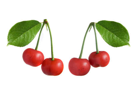 red cherry with leaves isolated on white