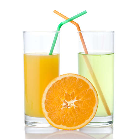 lime and orange juice with orange isolated on whiteの写真素材