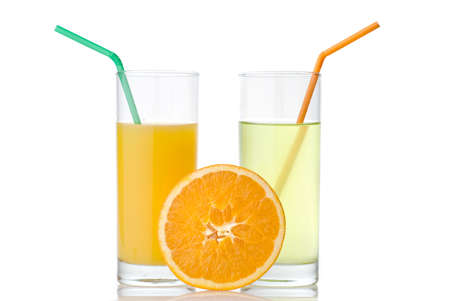 lime and orange juice with orange isolated on whiteの写真素材