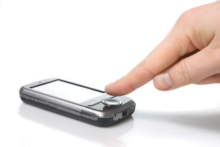 finger and pda with touch screen isolated on whiteの写真素材