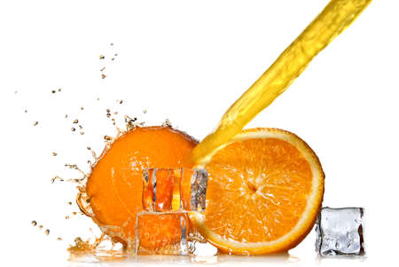 Water splash on orange isolated on whiteの写真素材