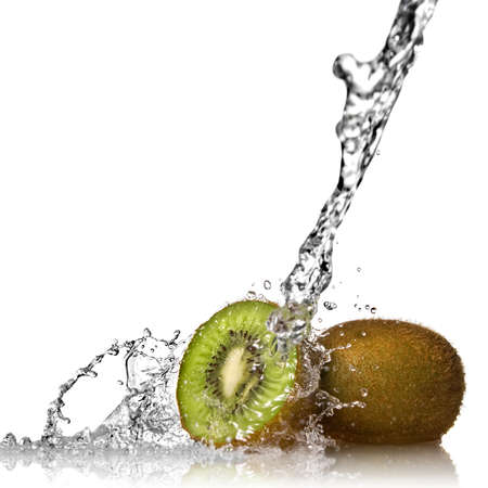 Water splash on kiwi isolated on whiteの写真素材