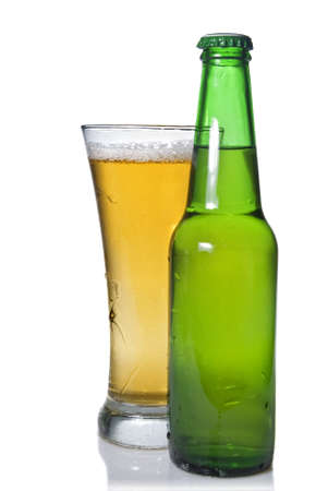 Beer in bottle and glass isolated on whiteの写真素材