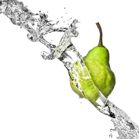 fresh water splash on green pear isolated on whiteの写真素材