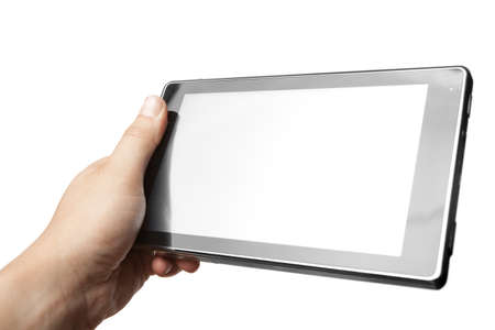 Hand holding Tablet PC isolated on white