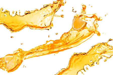 orange slices and splashes of juice isolated on whiteの写真素材
