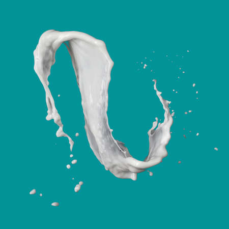 milk splash isolated on blue backgroundの写真素材