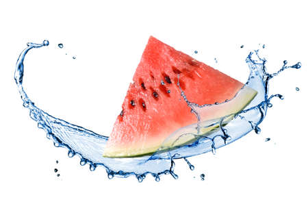watermelon and water splash isolated on whiteの写真素材