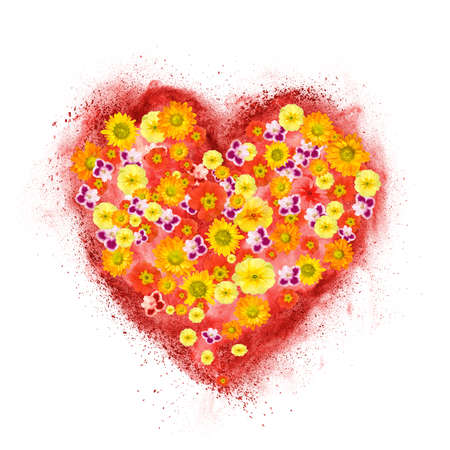 red heart made of powder explosion with flowers isolated on white backgroundの写真素材