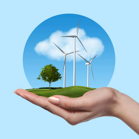 Wind turbines with tree in female hand
