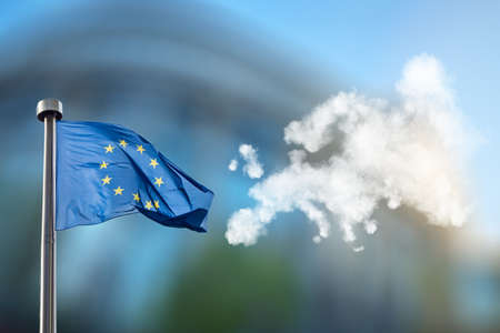 European union flag and map of Europe made of cloudsの写真素材