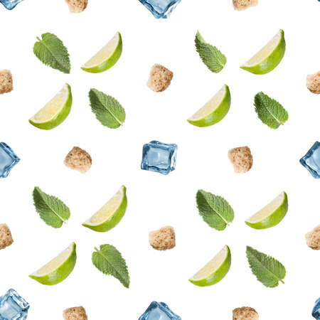 Seamless pattern mojito ingredients isolated on a white background. Lime, mint leaves, sugar and ice cubesの写真素材