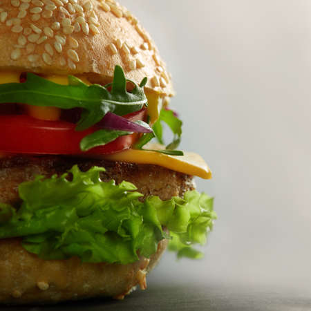 home made tasty burgers isolated on gray backgroundの写真素材