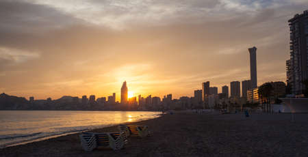 Golden sunset on the Poniente beach in Benidormの写真素材