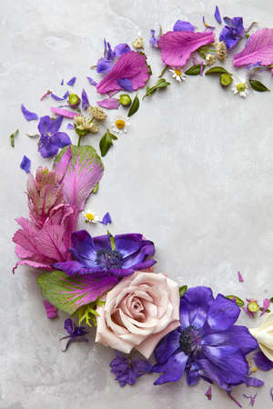 Composition of flowers on grey background