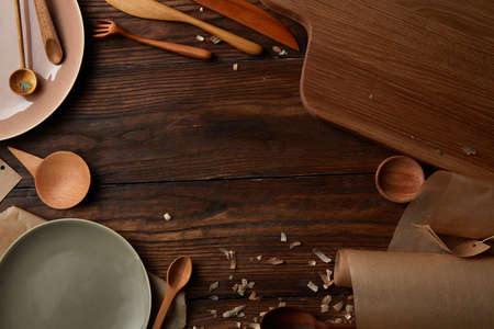 Composition of kitchen devices on wooden tableの写真素材