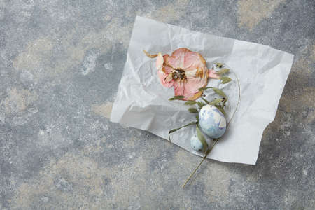 Easter eggs on paper with flowers decoration on stone backgroundの写真素材