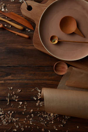 Composition of kitchen devices on wooden tableの写真素材