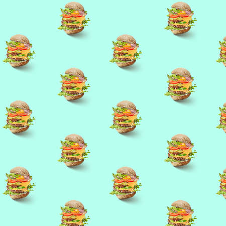 pattern of flying hamburgers with vegetablesの写真素材