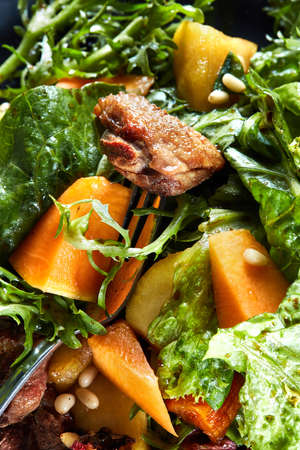 macro delicious, grilled meat duck with roasted pumpkin with salad on a forkの写真素材