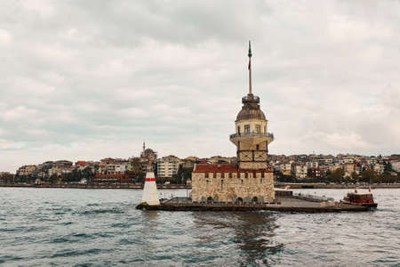 Maiden Tower, in Istanbul, Turkey on a cloudy dayの写真素材