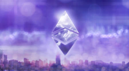 Ethereum classic cryptocurrency of icon with a reflection of the sky on a blurred ultraviolet...