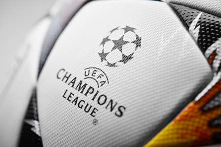 Kiev, Ukraine - February 22, 2018: Champions League official ball on which the stars are painted in blue and yellow colors, symbolizing the Ukrainian flag.のeditorial素材
