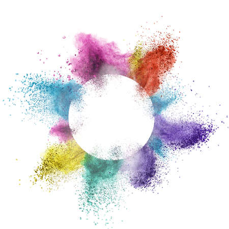 abstract multicolor powder splatted behind a round frame exploding on white backgroundの写真素材