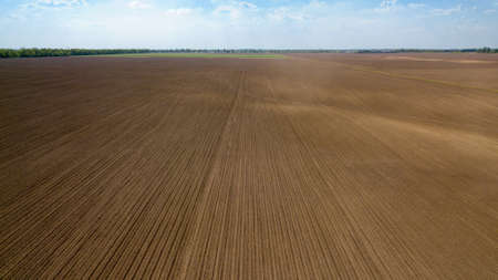 Agricultural ploughed field and soil in spring against the blue sky. Photo from the drone