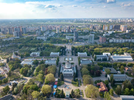 Panorama of the city of Kiev and the Exhibition Center against the sky in the spring. Photo from the droneの写真素材