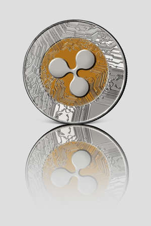 Coin ripple on white glossy background. Conceptual image for worldwide cryptocurrency and digital...