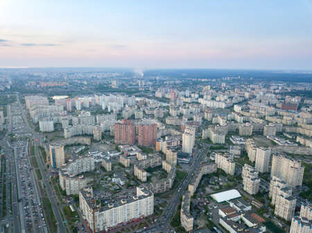 A birds eye view, aerial panoramic view from drone to the Darnytskyi district of Kiev, Ukraine and...