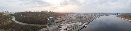 The full panoramic 360 aerial view from the drone, the birds eye view of the the oldest historical central part of the city of Kiev and the right bank of the Dnieper River, Ukraine.の写真素材