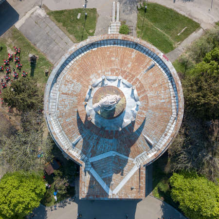old pavilion building with trails on the territory of the National Exhibition Center in Kiev, top...