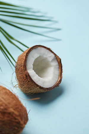 Coconut with half and leaves on blue background