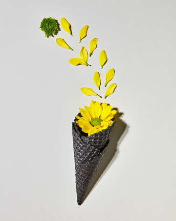 Ice cream bouquet in wafer cone with yellow flower on gray background, flat layの写真素材