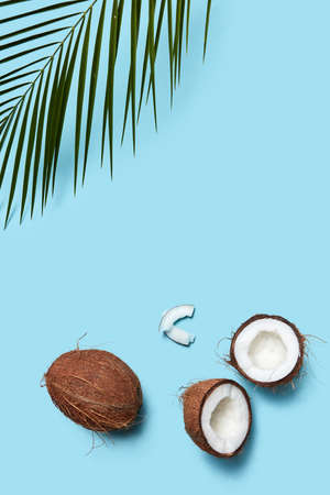 A beautiful composition of organic halves and a whole coconut on a blue background decorated with a plaque sheet with a copy of the space. Flat layの写真素材