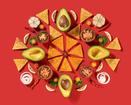Mexican corn nachos chips, avocado, lemon, garlic, tomato, onion, parsley green as a round pattern -...