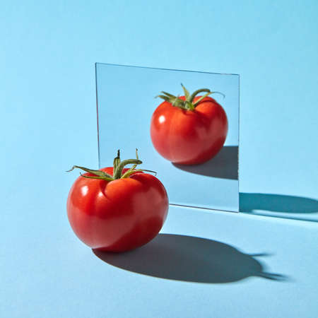 Ripe tomato with a stem reflected in a mirror on a blue background with copy space. Healthy productの写真素材