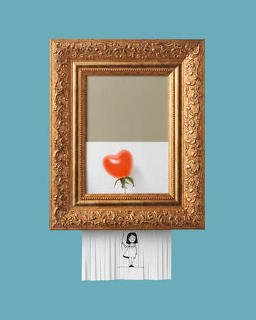 Girl with a ripe tomato balloon in the shape of a heart in a vintage frame with an ornament on a...